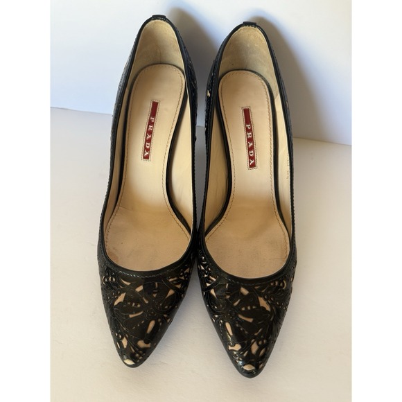 Prada Black Cutout Leather Pumps Women's EU 37 US 6.5–7 Italy Heels - Picture 1 of 10